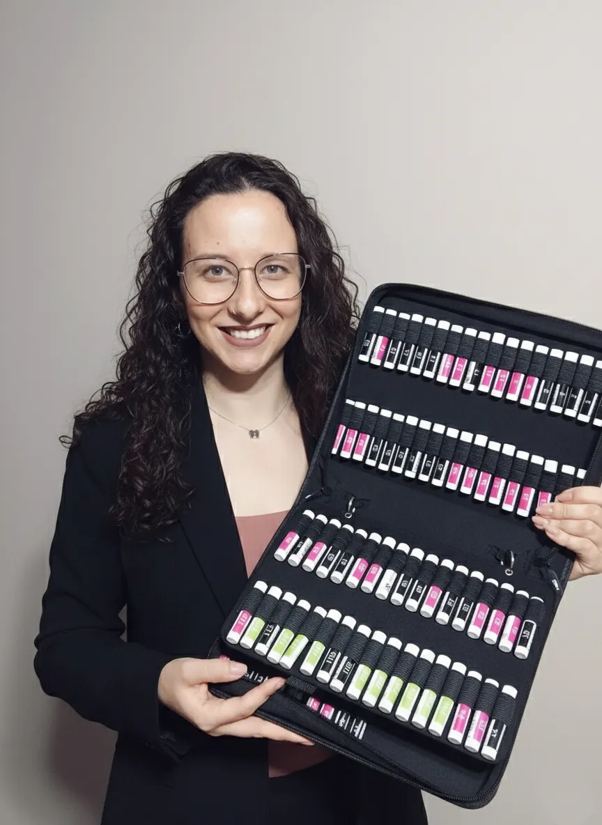 Sara Pereira a sorrir enquanto mostra um mostruário de perfumes da equipa Level Up